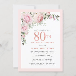 Blush Pink Gold Floral 80th Birthday Party Invitation