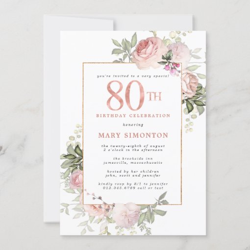 Blush Pink Gold Floral 80th Birthday Party Invitation | Zazzle