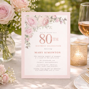 Blush Pink Gold Floral 80th Birthday Party Invitation