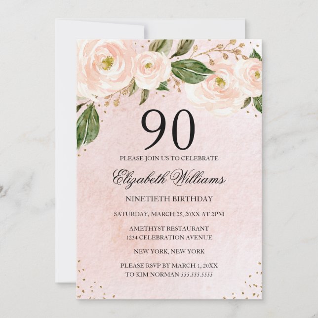 Blush Pink Gold Floral 90th Birthday Invitation (Front)
