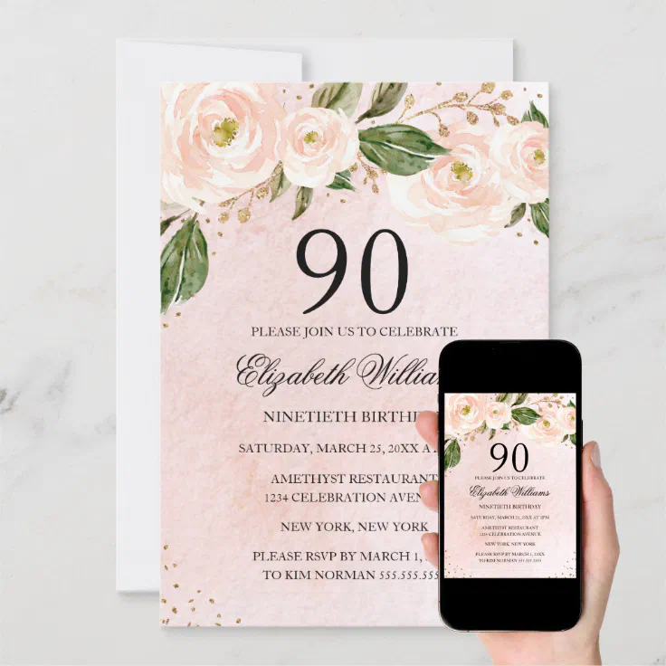 Blush Pink Gold Floral 90th Birthday Invitation | Zazzle