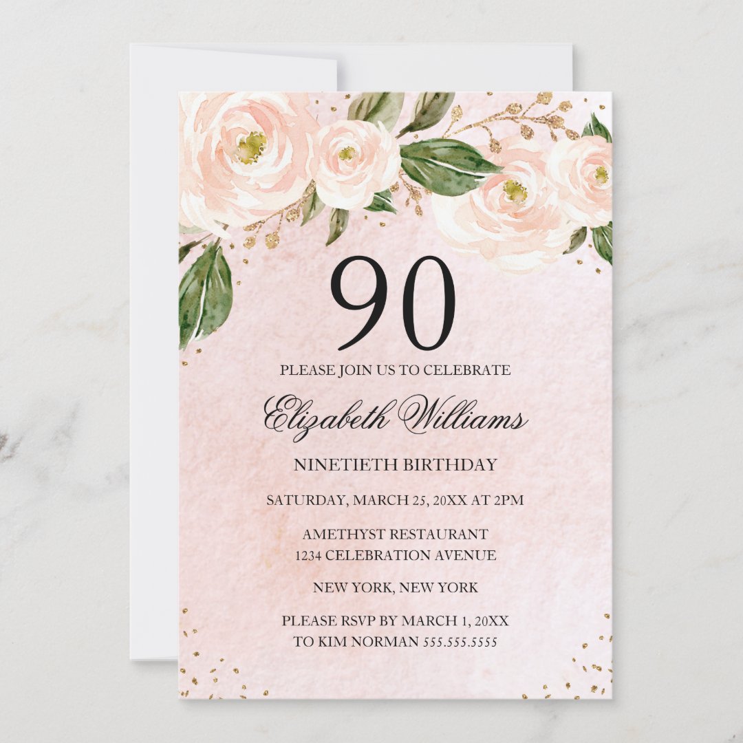 Blush Pink Gold Floral 90th Birthday Invitation | Zazzle