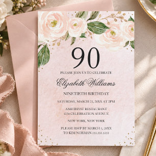 Blush Pink Gold Floral 90th Birthday Invitation