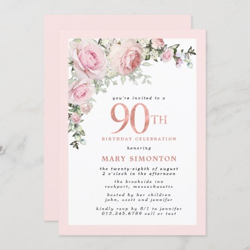 Blush Pink Gold Floral 90th Birthday Party Invitat Invitation | Zazzle