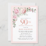 Blush Pink Gold Floral 90th Birthday Party Invitat Invitation<br><div class="desc">Honor a special woman with this elegant and feminine 90th Birthday party invitation. 90th is written in large pink text. Birthday celebration follows. The honored guest's name is also in pink capital letters. Blush pink roses and sage green leaves create a beautiful floral spray at the top. While it is...</div>