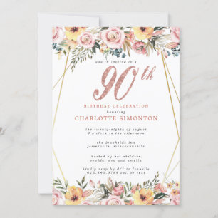 Blush Pink Gold Floral 90th Birthday Party Invitation