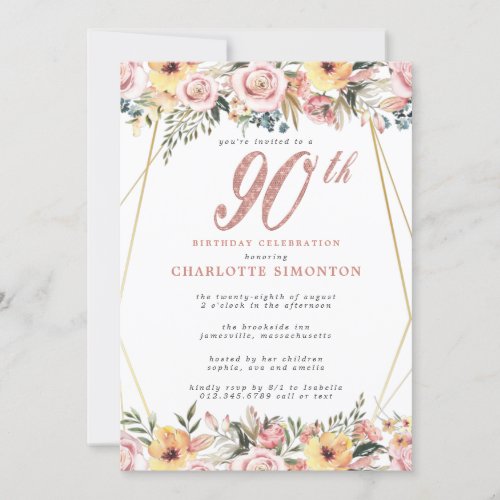 Blush Pink Gold Floral 90th Birthday Party  Invitation