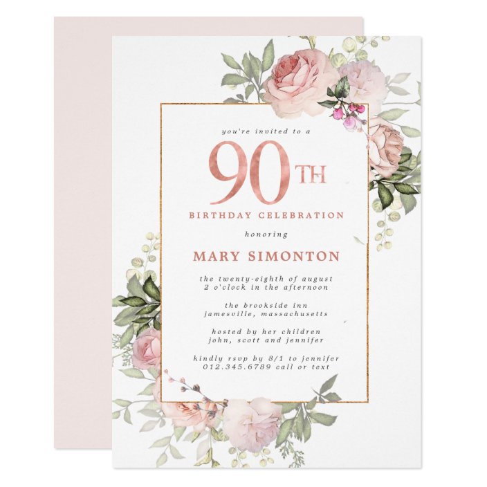 Blush Pink Gold Floral 90th Birthday Party Invitation | Zazzle.com