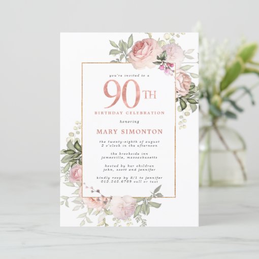 Blush Pink Gold Floral 90th Birthday Party Invitation | Zazzle