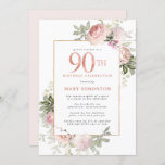 Blush Pink Gold Floral 90th Birthday Party Invitation<br><div class="desc">Honor a special woman with this elegant and feminine 90th Birthday party invitation. 90th is written in large rose pink text. Birthday celebration follows. The honored guest's name is also in pink capital letters. The remainder of the text is soft dove grey. The 90th birthday celebration details are surrounded by...</div>