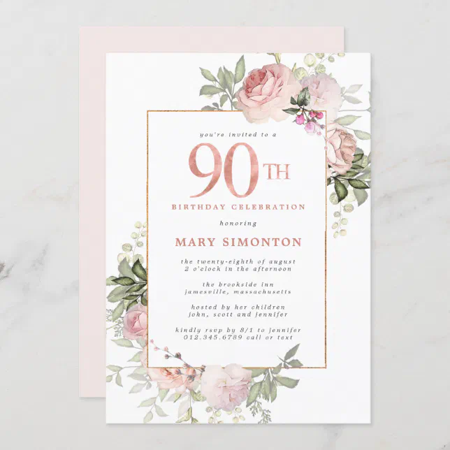 Blush Pink Gold Floral 90th Birthday Party Invitation | Zazzle