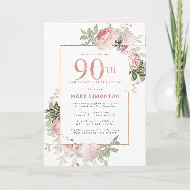 Blush Pink Gold Floral 90th Birthday Party Invitation | Zazzle