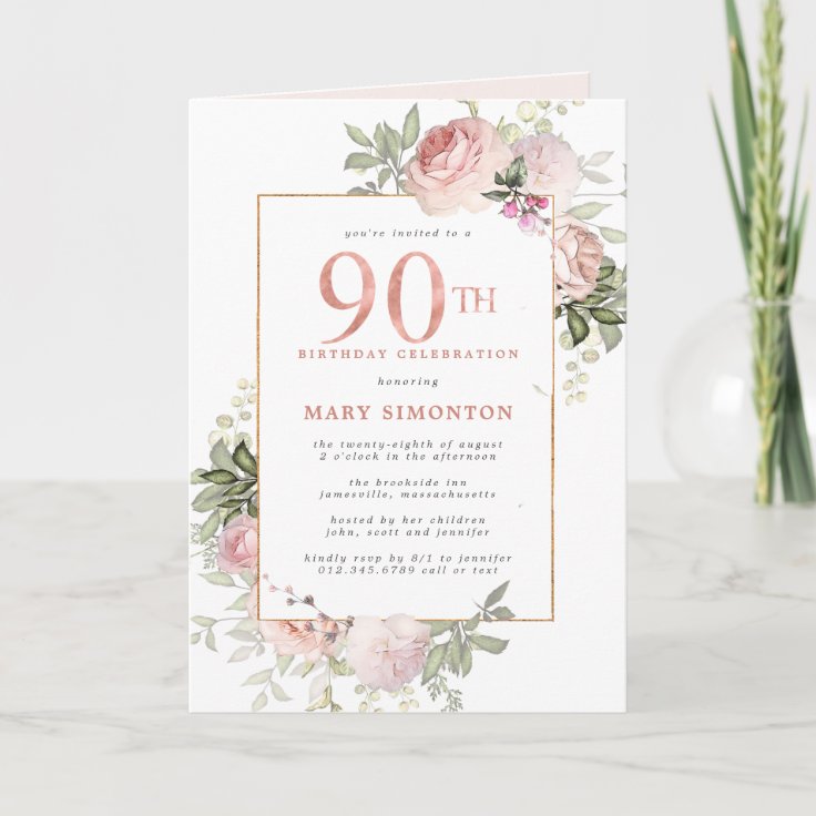 Blush Pink Gold Floral 90th Birthday Party Invitation | Zazzle