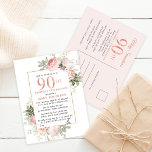 Blush Pink Gold Floral 90th Birthday Party Invitation Postcard<br><div class="desc">Honor a special woman with this elegant and feminine 90th Birthday party invitation. 90th is written in large pink text. Birthday celebration follows. The honored guest's name is also in pink capital letters. The remainder of the text is soft dove grey. The birthday celebration details are surrounded by a chic...</div>