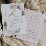 Blush Pink Gold Floral 90th Birthday Party Invitation Postcard<br><div class="desc">Honor a special woman with this elegant and feminine 90th Birthday party invitation. 90th is written in large pink text. Birthday celebration follows. The honored guest's name is also in pink capital letters. The remainder of the text is soft dove grey. The birthday celebration details are surrounded by a chic...</div>