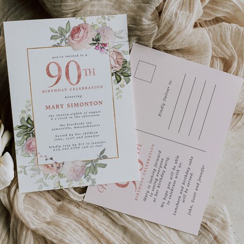 Blush Pink Gold Floral 90th Birthday Party Invitation Postcard