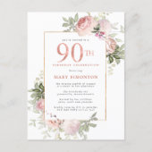 Blush Pink Gold Floral 90th Birthday Party Invitation Postcard (Front)
