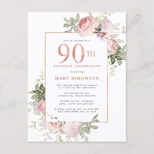 Blush Pink Gold Floral 90th Birthday Party Invitation Postcard | Zazzle