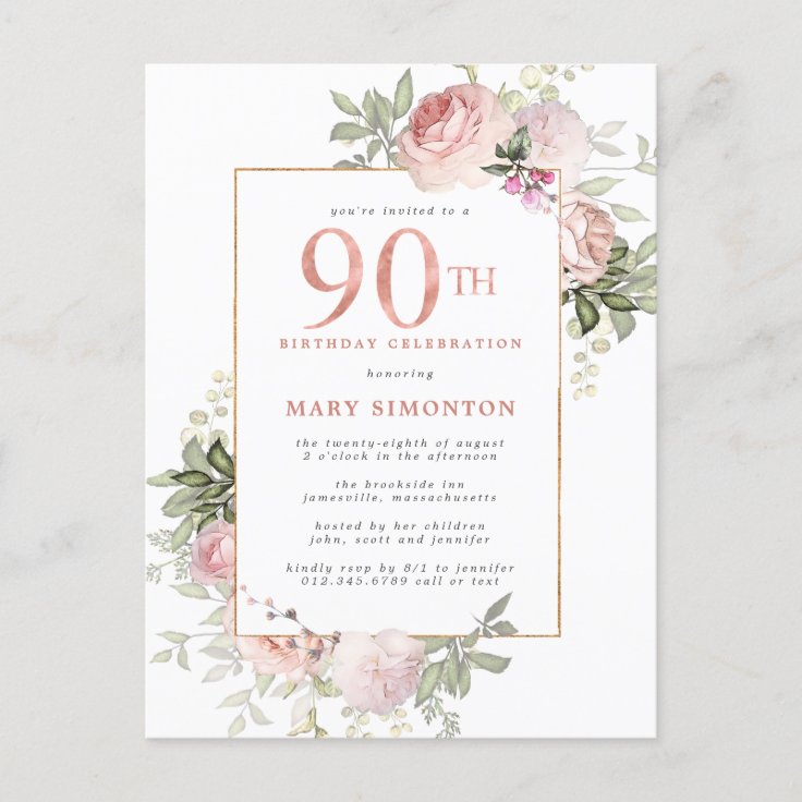 Blush Pink Gold Floral 90th Birthday Party Invitation Postcard | Zazzle