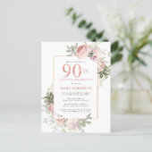 Blush Pink Gold Floral 90th Birthday Party Invitation Postcard (Standing Front)