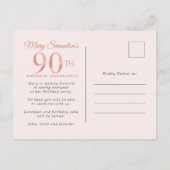 Blush Pink Gold Floral 90th Birthday Party Invitation Postcard (Back)