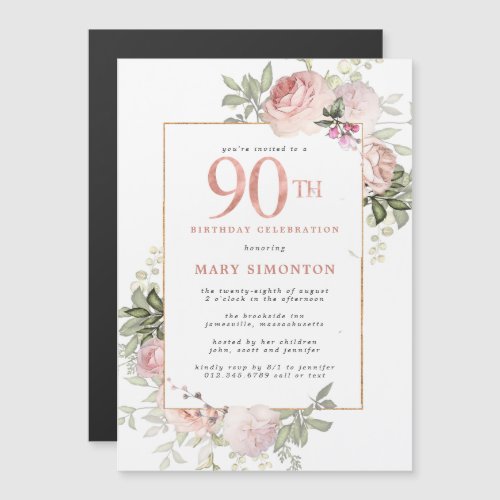 Blush Pink Gold Floral 90th Birthday Party Magnetic Invitation