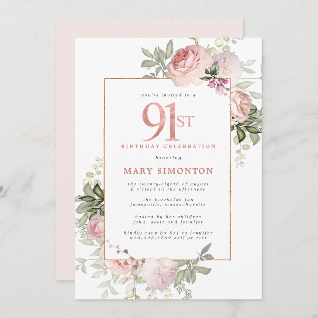 Blush Pink Gold Floral 91st Birthday Party Invitation (Front/Back)