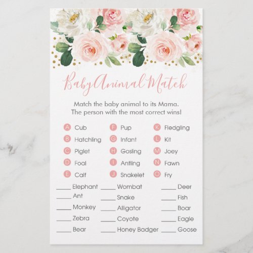 Blush Pink Gold Floral Baby Animal Match Game