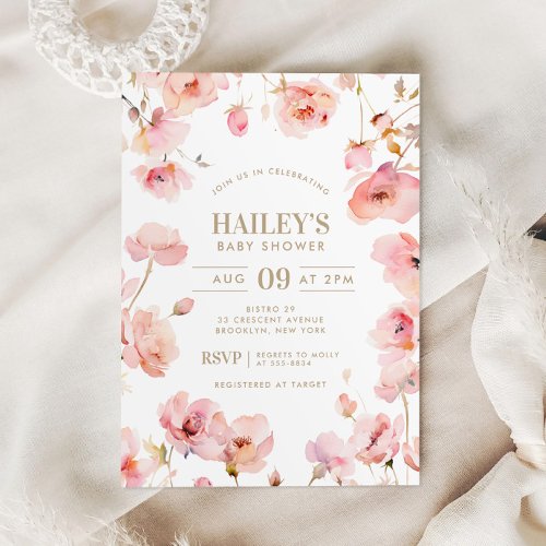 Blush Pink Gold Floral Baby in Bloom Baby Shower Invitation