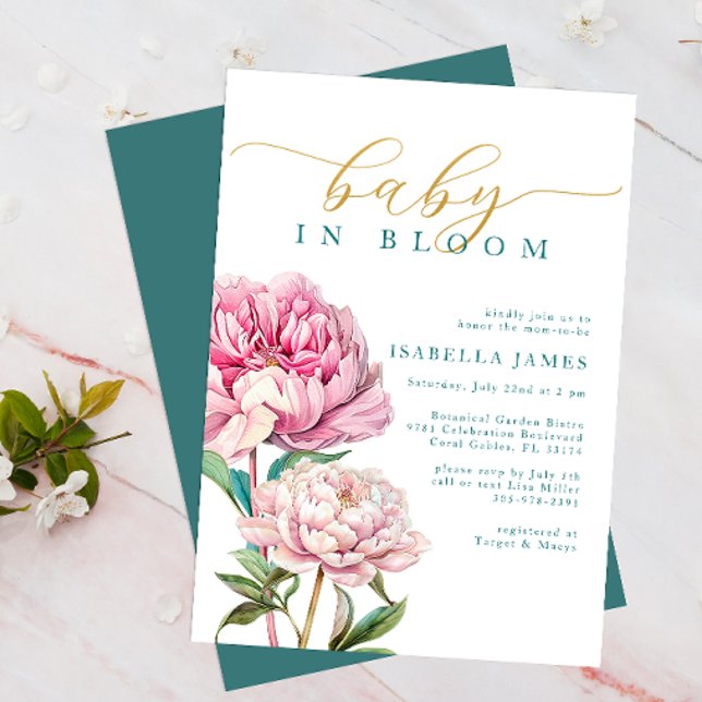 Blush Pink & Gold Floral Baby in Bloom Girl Shower Invitation (Baby In Bloom Floral Invitation)