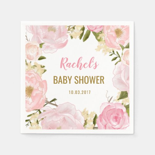 Blush Pink Gold Floral Baby Shower Paper Napkins