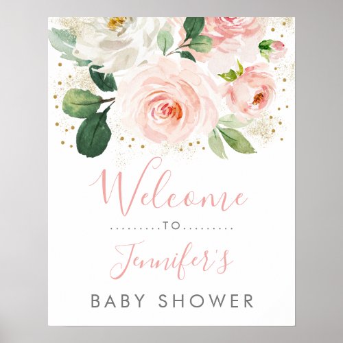 Blush Pink  Gold Floral Baby Shower Welcome Poster