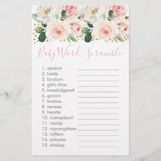 Blush Pink Gold Floral Baby Word Scramble Game (Front)