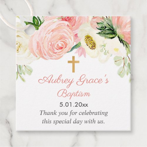 Blush pink gold floral baptism first communion favor tags