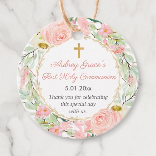 Blush pink gold floral baptism first communion favor tags