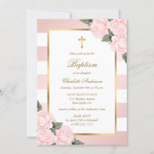 Blush Pink Gold Floral Baptism Invitation