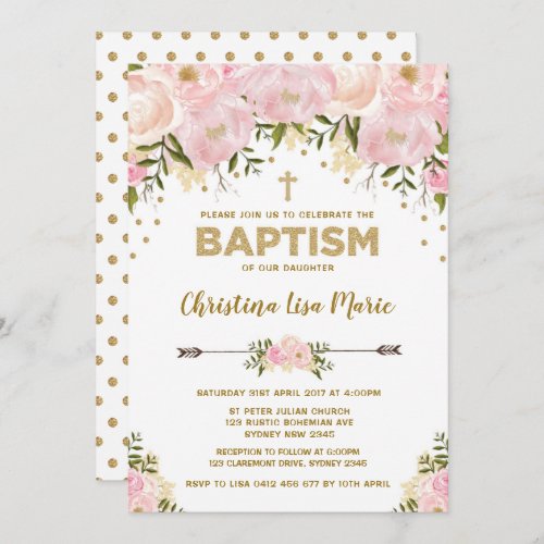 Blush Pink  Gold Floral Baptism Invitation