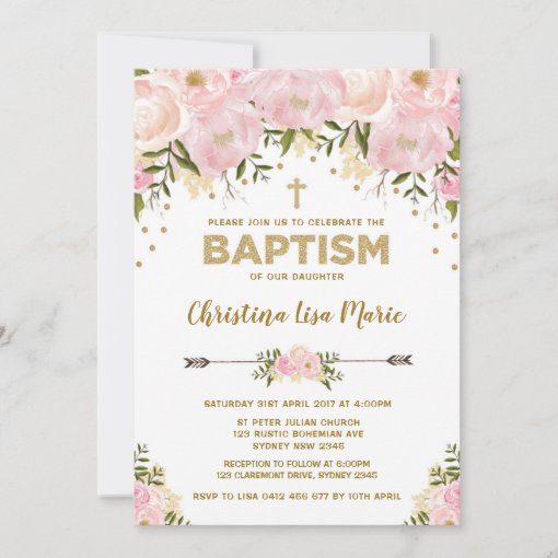 Blush Pink & Gold Floral Baptism Invitation | Zazzle