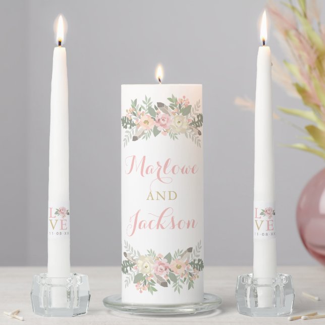Blush Pink Gold Floral Boho Monogram Unity Candle Set (In Situ)