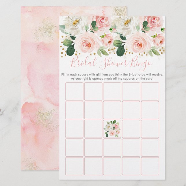 Blush Pink Gold Floral Bridal Shower Bingo Game (Front/Back)
