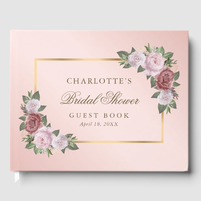Blush Pink Gold Floral Bridal Shower Guest Book (Front)