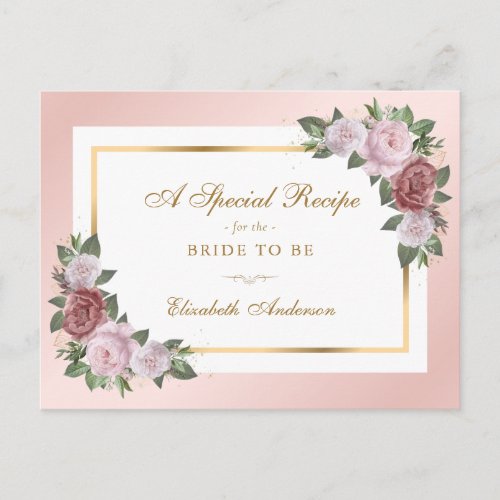 Blush Pink Gold Floral Bridal Shower Recipe Card