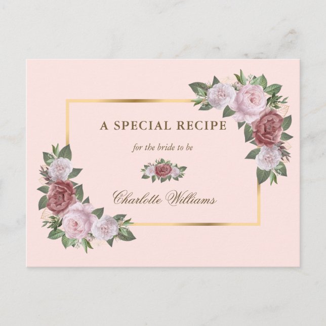 Blush Pink Gold Floral Bridal Shower Recipe Card (Front)