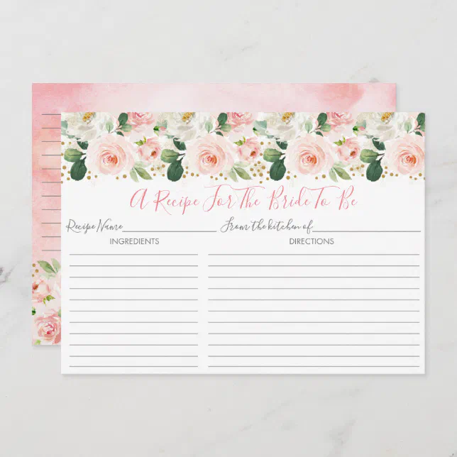 Blush Pink Gold Floral Bridal Shower Recipe Cards | Zazzle