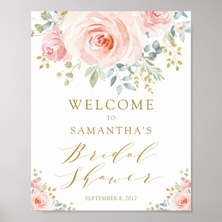 Blush Pink Gold Floral Bridal Shower Welcome Sign | Zazzle