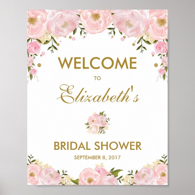 Blush Pink Gold Floral Bridal Shower Welcome Sign (Front)