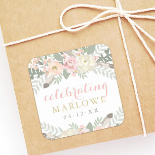 Blush Pink Gold Floral Celebrating Monogram Square Sticker