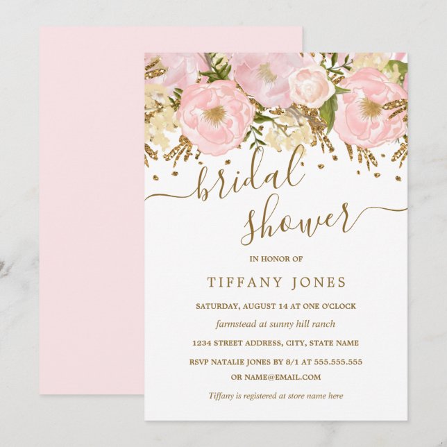 Blush Pink Gold Floral Confetti Bridal Shower Invitation (Front/Back)