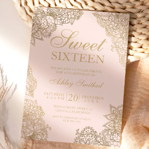 blush pink gold floral elegant Sweet sixteen Invitation