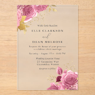Blush Pink & Gold Floral Elegant Wedding Acrylic Invitations